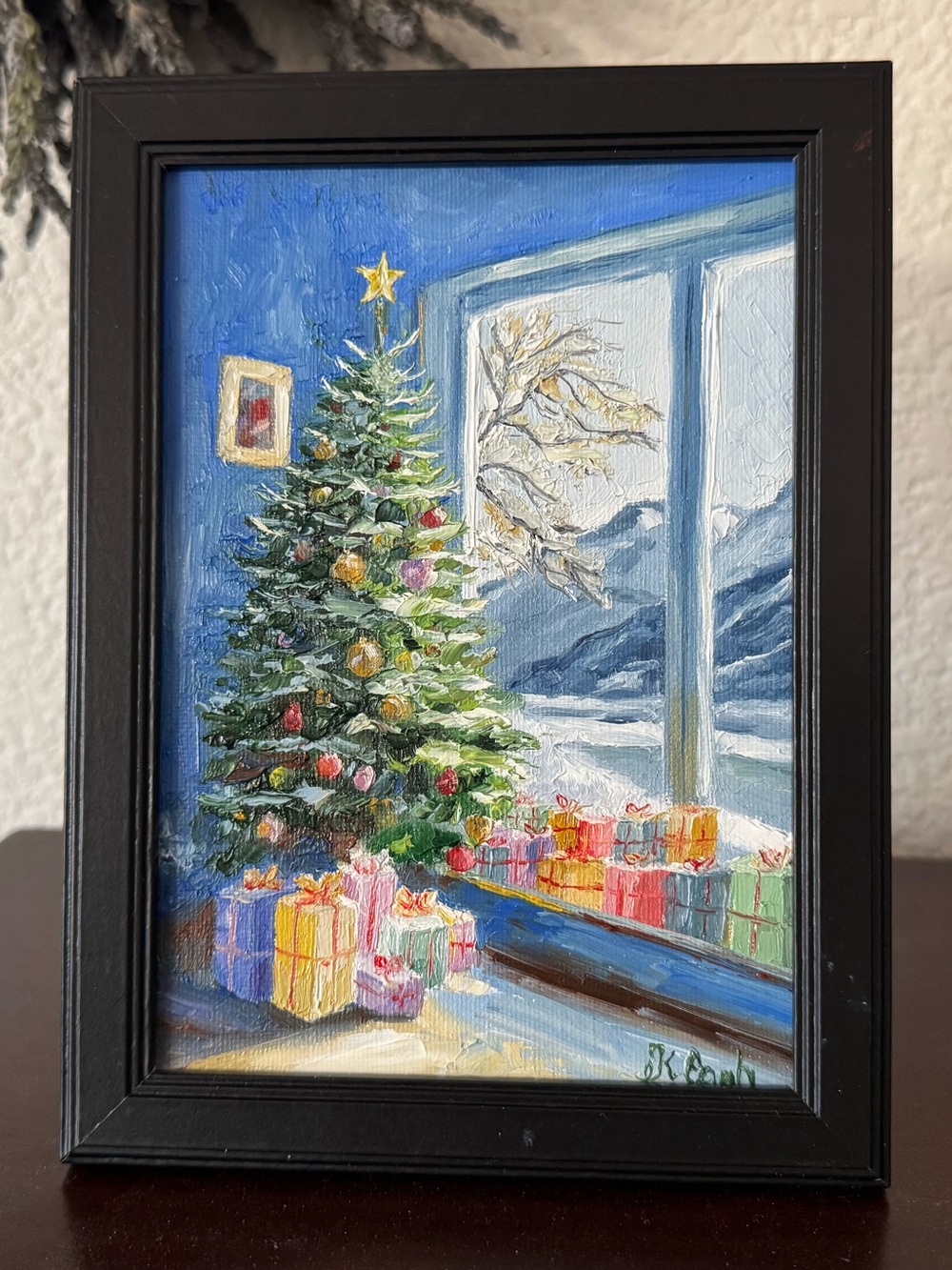 Original oil painting Christmas tree holiday signed framed 5x7